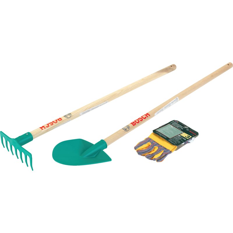 BOSCH Gartenset mit Schaufel, Rechen und Handschuhe – Kinder Gartenwerkzeug