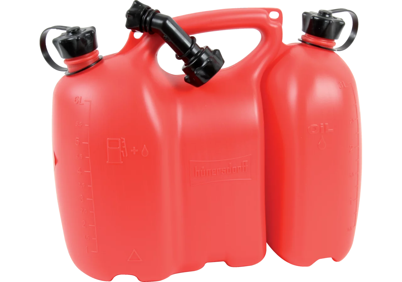 Roter Doppelkanister 6 L und 3 L für Benzin und Öl mit stabilem Griff