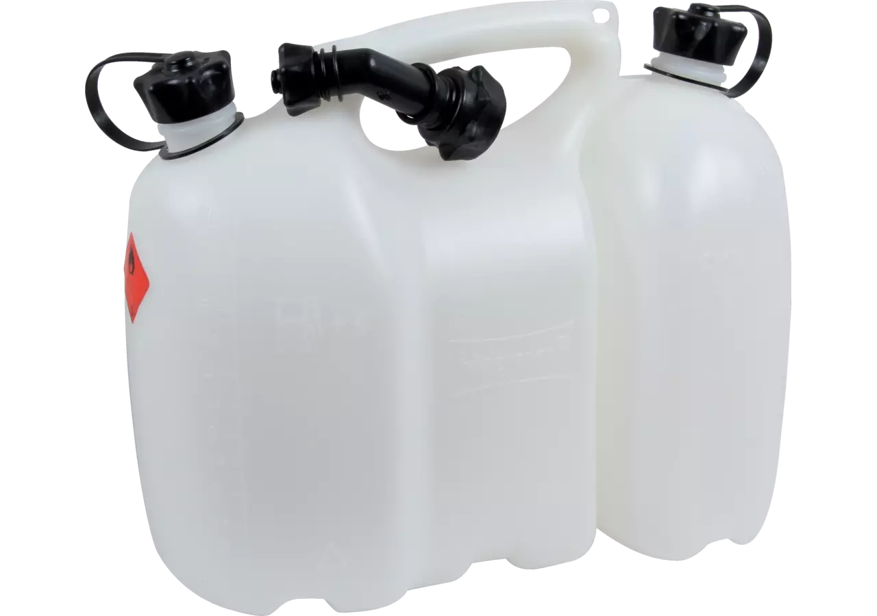 Weißer Doppelkanister 6 L und 3 L für Benzin und Öl mit Tragegriff