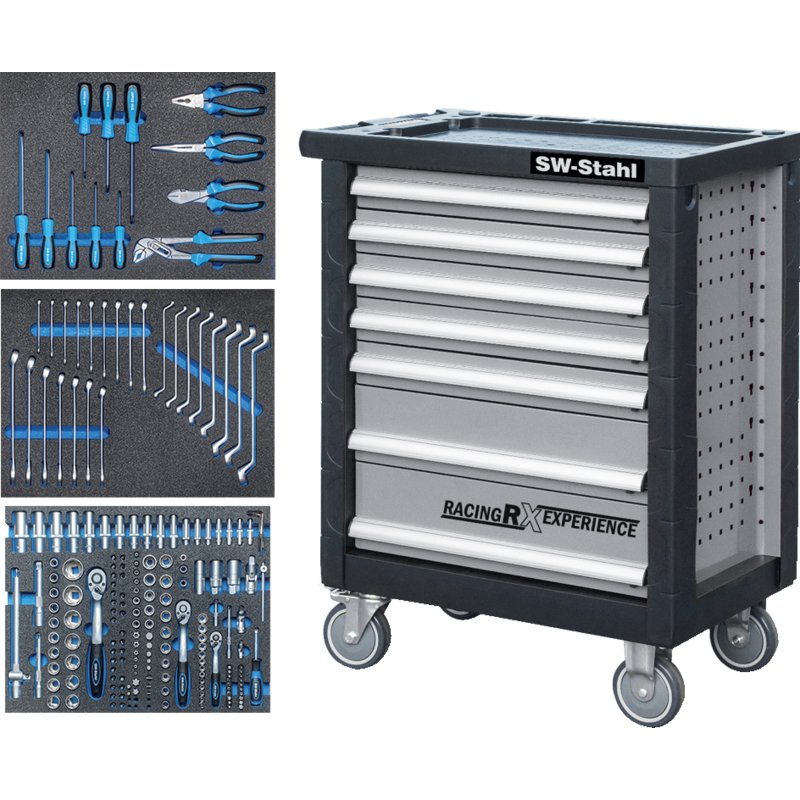 SW‑Stahl Werkstattwagen RX Edition mit 7 Schubladen und 207‑teiligem Werkzeugsortiment