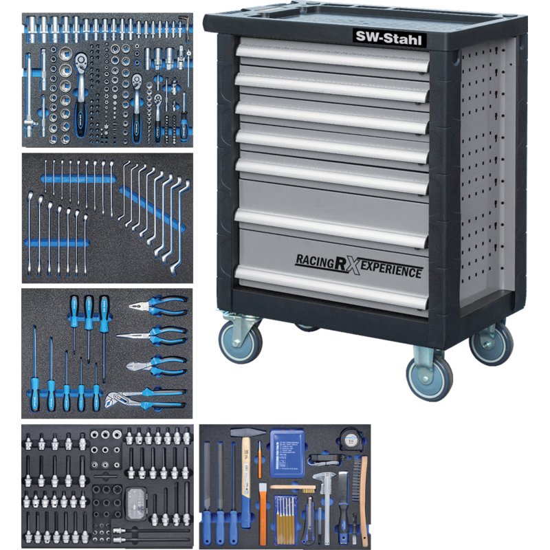 SW‑Stahl Werkstattwagen RX Edition mit 7 Schubladen und 347‑teiliger Werkzeugausstattung in Schaumstoffmodulen