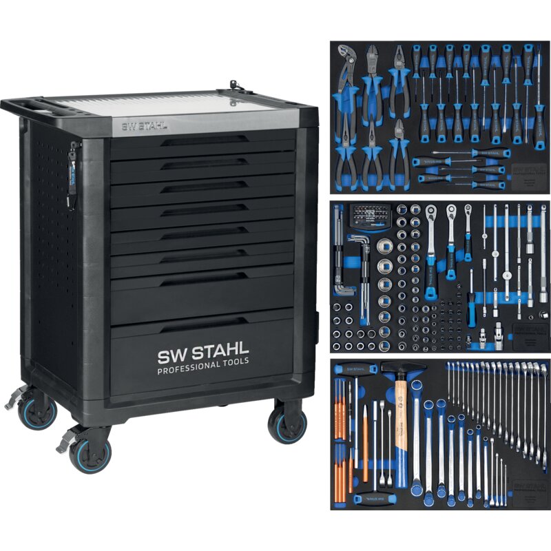 SW‑Stahl Werkstattwagen TT801 mit 8 Schubladen und 213‑teiligem Werkzeugsortiment in Schaumstoffmodulen