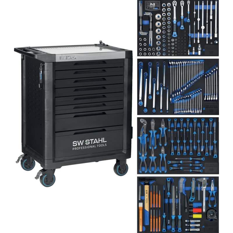 SW‑Stahl Werkstattwagen TT801 mit 8 Schubladen – 246-teilig bestückt mit Systemmodulen