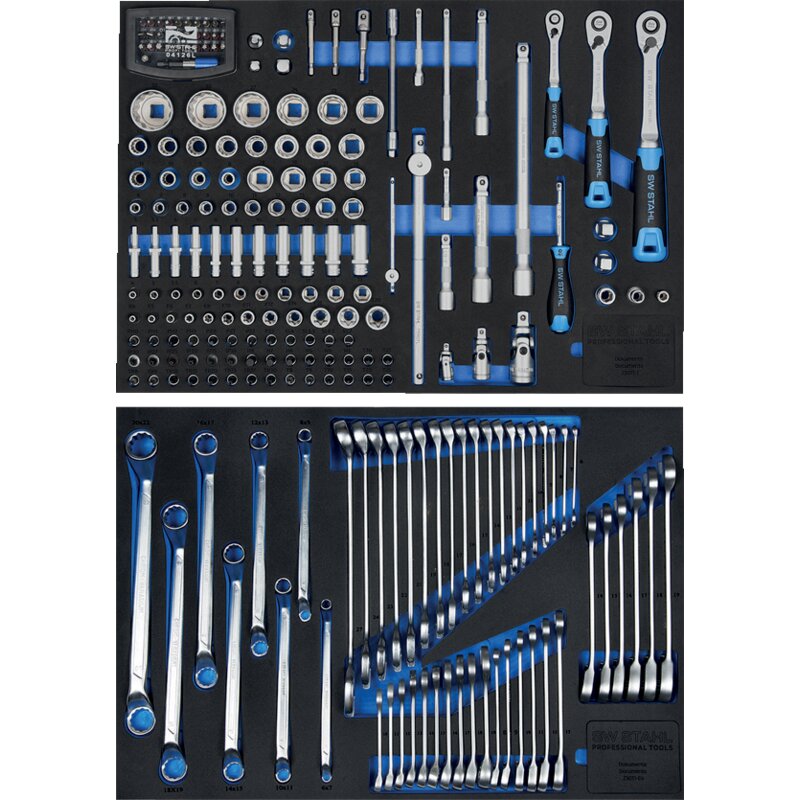 SW‑Stahl Werkstattwagen TT801 mit 8 Schubladen – 341-teiliges Werkzeugsortiment in Schaumstoffmodulen