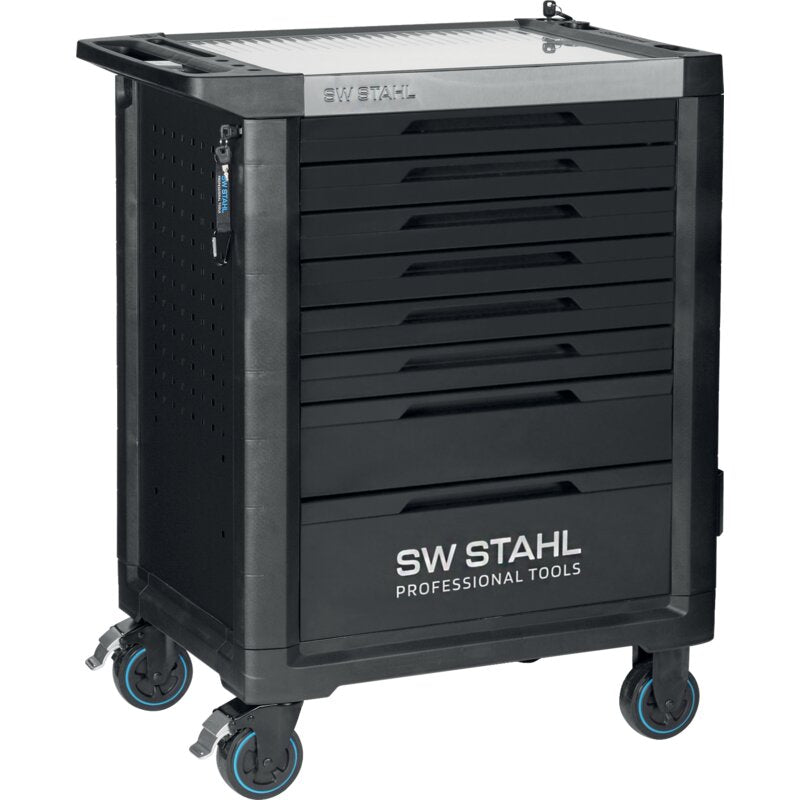 SW‑Stahl Werkstattwagen TT801 mit 8 leeren Schubladen und Edelstahl-Oberfläche – unbestückt