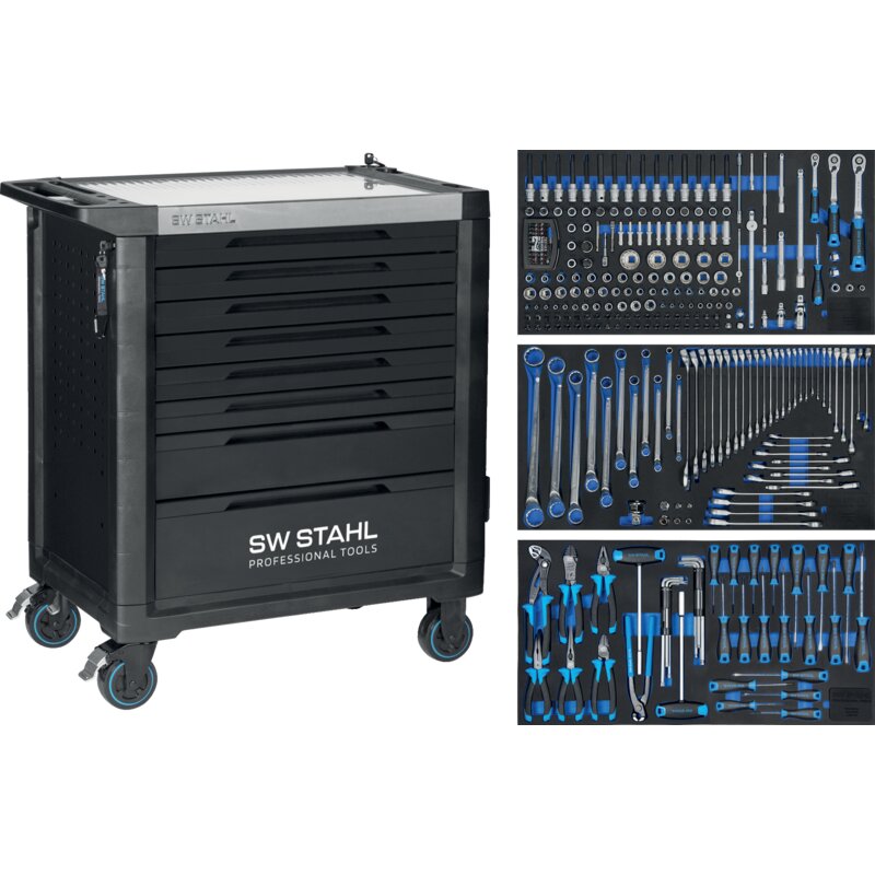 SW‑Stahl Werkstattwagen TT802 mit 8 XL-Schubladen und 304‑teiliger Werkzeugsortierung in Schaumstoffmodulen