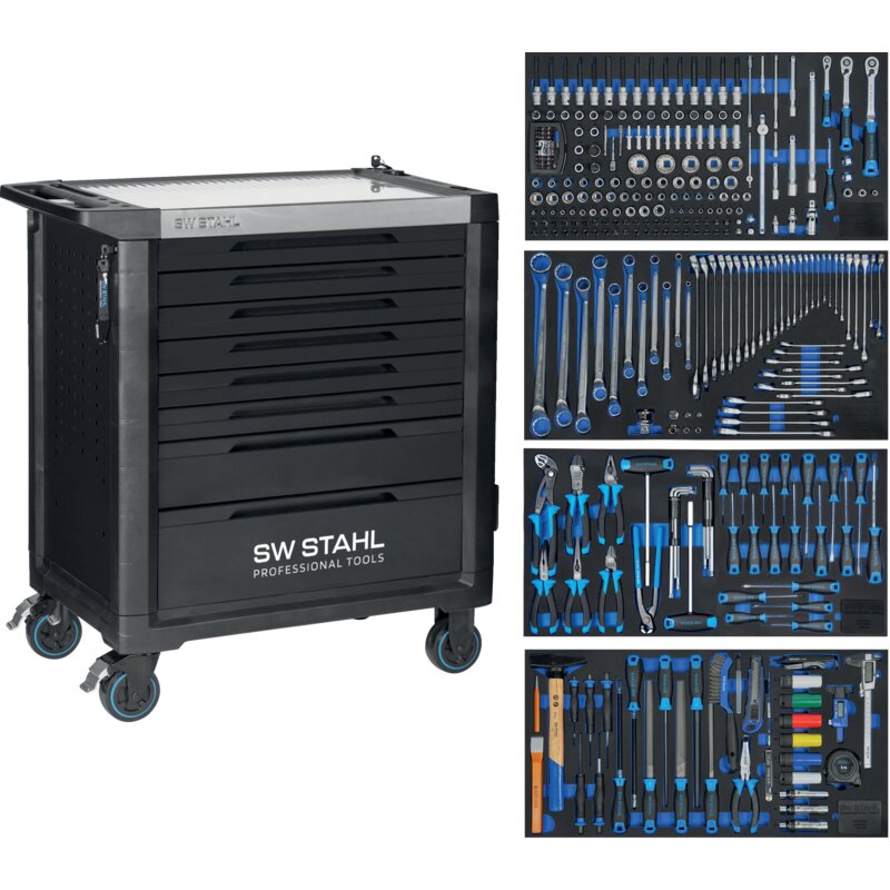 SW‑Stahl Werkstattwagen TT802 mit 8 Schubladen und 338‑teiligem Werkzeugmodul in Profi-Ausführung