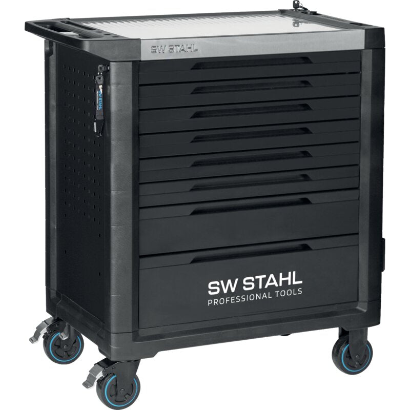 SW‑Stahl Werkstattwagen TT802 in Schwarz mit 8 Schubladen und Edelstahl-Oberfläche