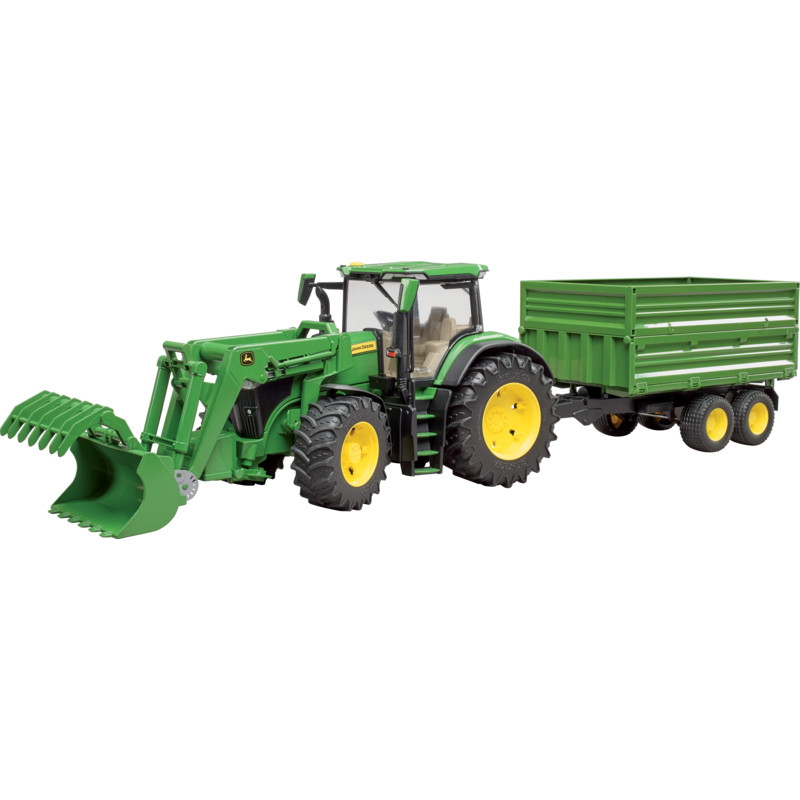 John Deere 7R 350 tractor with front loader and tandem tipper trailer toy