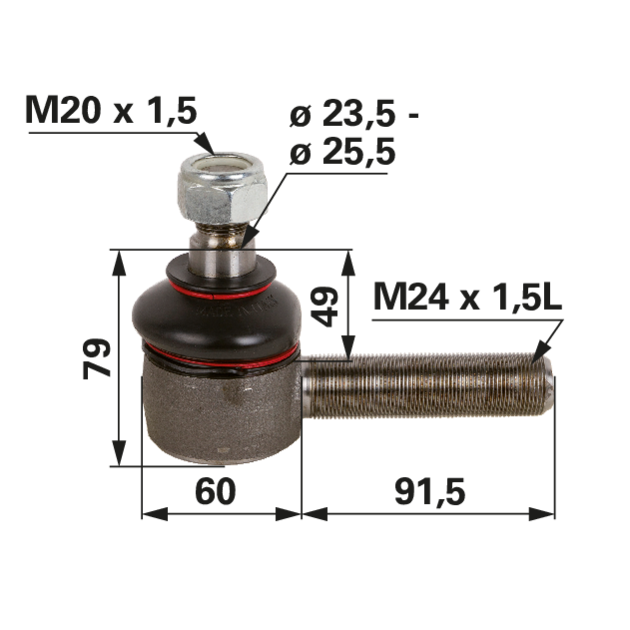 Kugelgelenk M24 x 1,5 L – Außengewinde M20 x 1,5, Konus 23,5–26,4 mm GartenShop24 - Hochwertige Gartengeräte