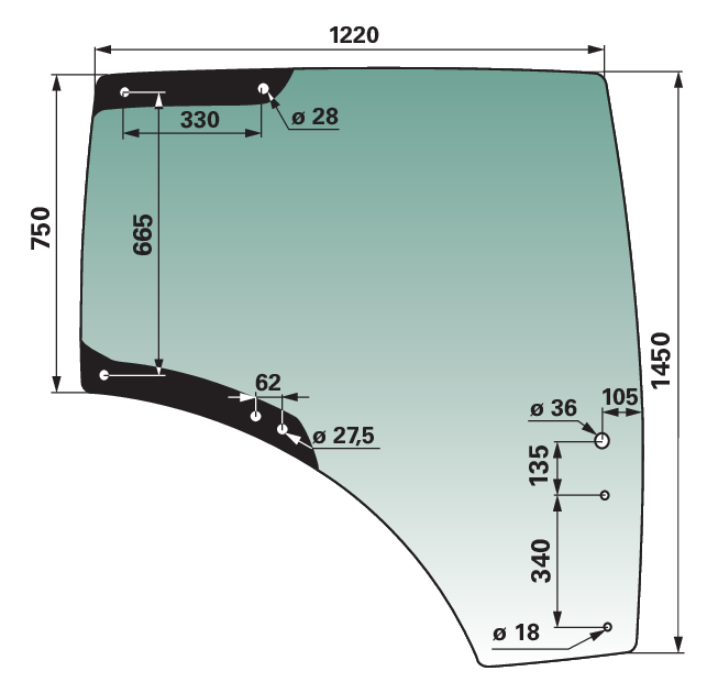 Türscheibe rechts, grün getönt, passend für John Deere L212968 GartenShop24 - Hochwertige Gartengeräte