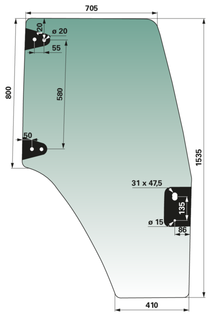 Türscheibe rechts – grün getönt – anstelle CNH 87302768 GartenShop24 - Hochwertige Gartengeräte