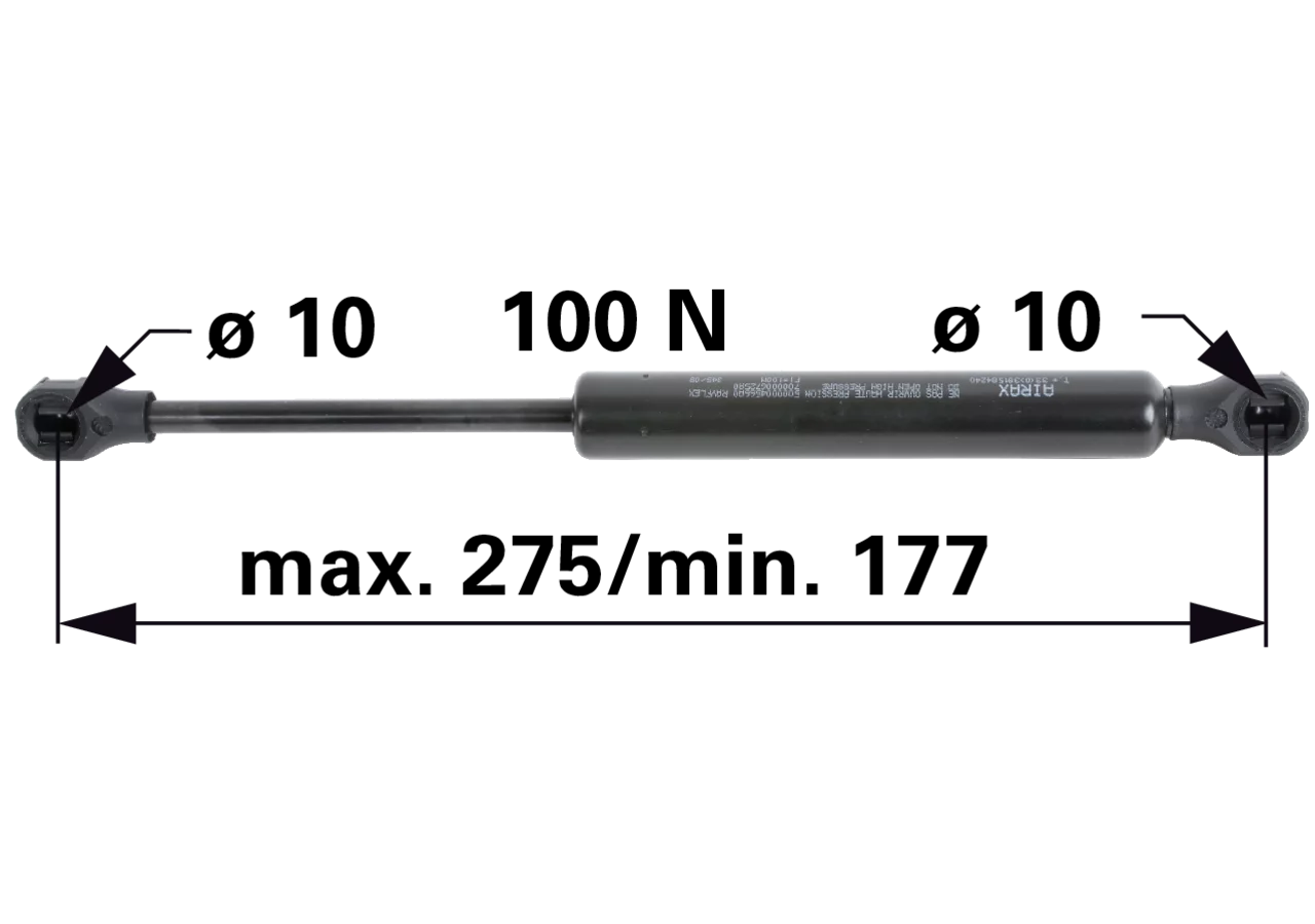 Gasdruckfeder für Tür-, Front- und Heckscheibe 100 N, 275 mm – passend für Massey Ferguson 310 GartenShop24 - Hochwertige Gartengeräte