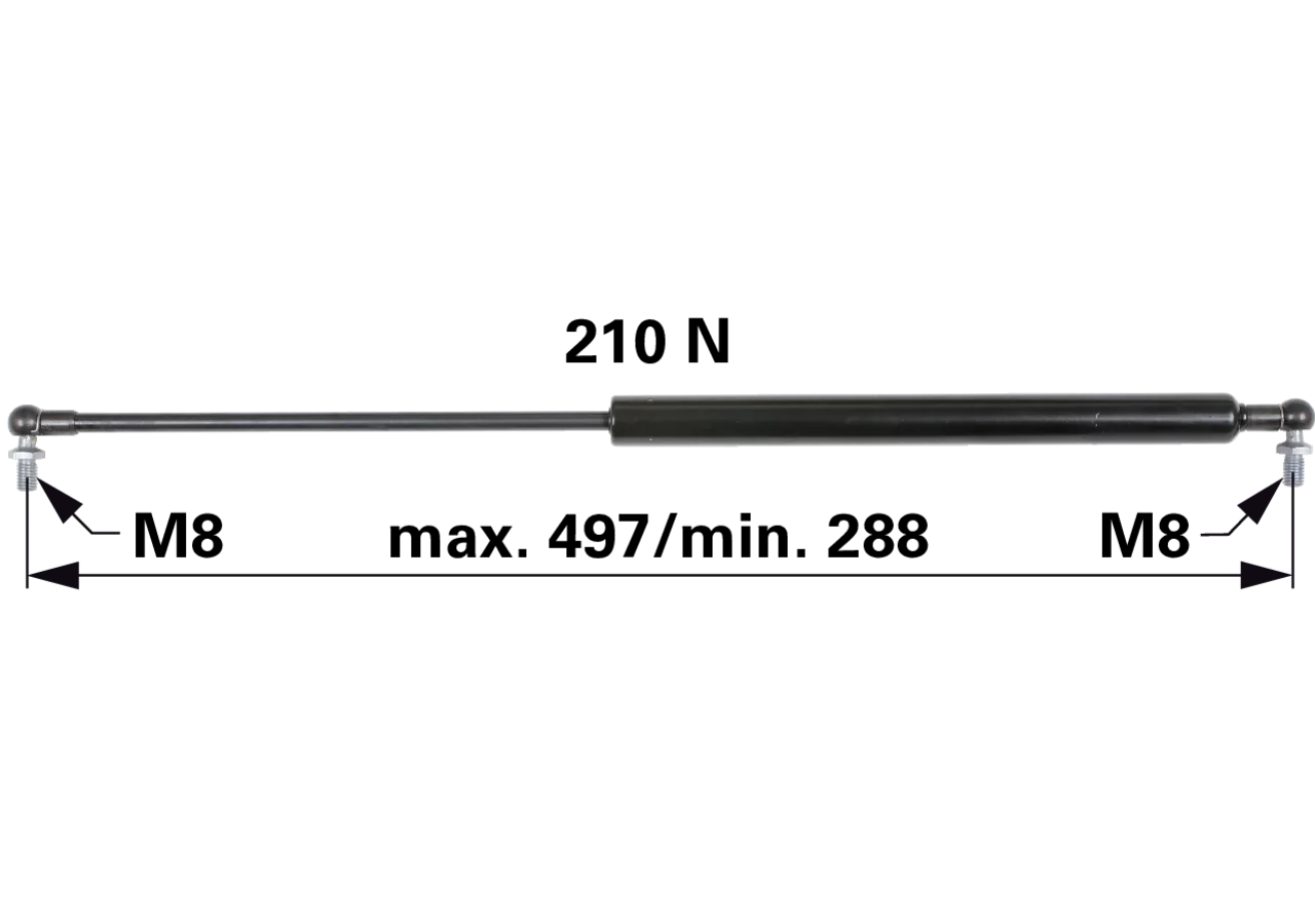 Gasdruckfeder für Front- und Heckscheibe, 210 N, Länge 497 mm, passend für Massey Ferguson 3384671M1 GartenShop24 - Hochwertige Gartengeräte