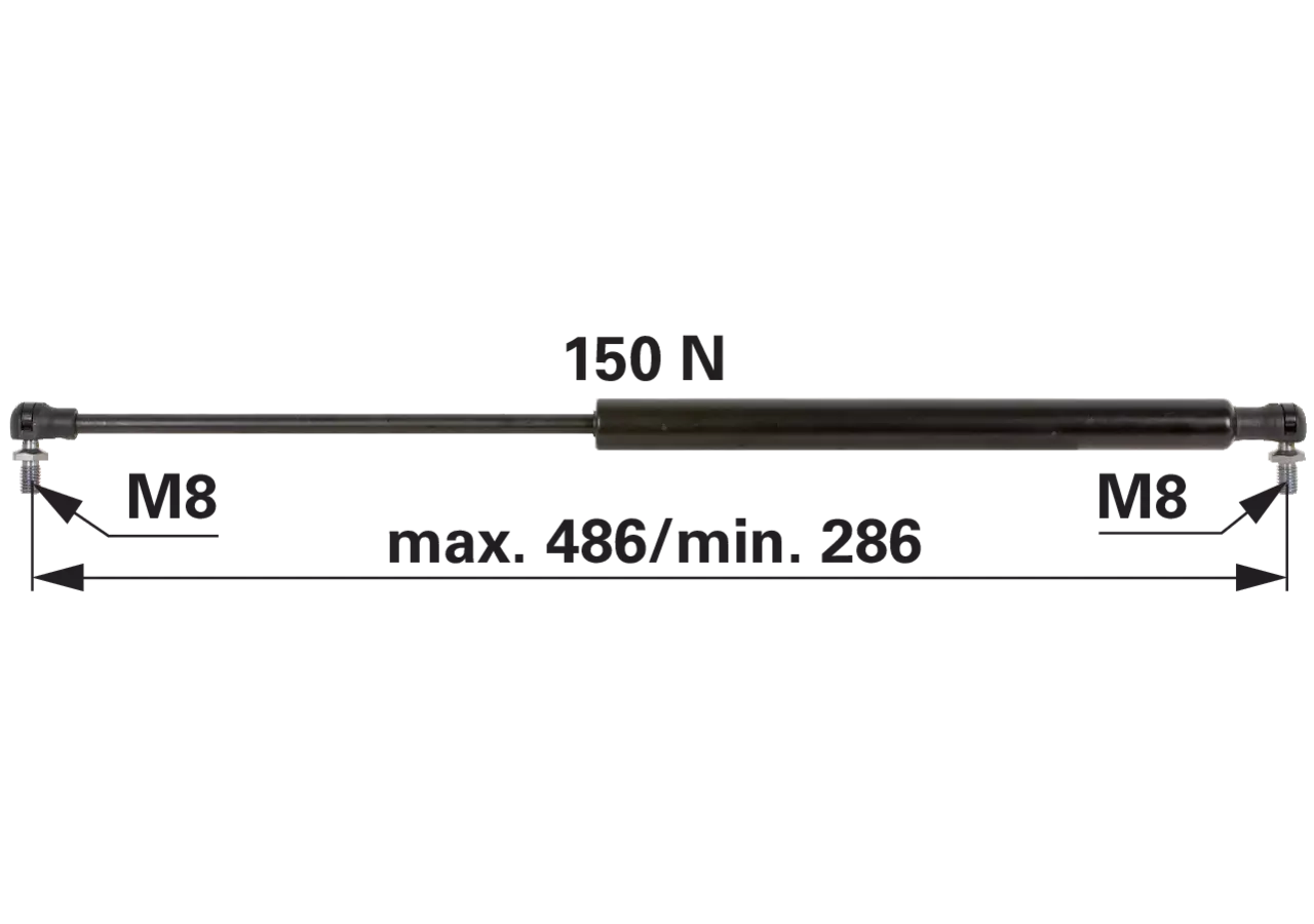 Stabilus Gasdruckfeder für Tür-, Front- und Heckscheibe – 150 N, 486 mm – passend für Massey Ferguson 390 Stabilus