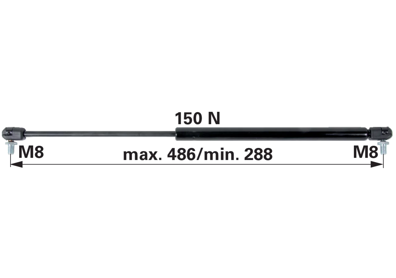 Gasdruckfeder für Front-, Tür- und Heckscheibe, 150 N, Länge 486 mm, anstelle von Massey Ferguson 3806767M1 GartenShop24 - Hochwertige Gartengeräte