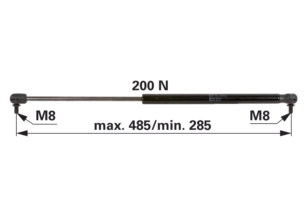 Stabilus Gasdruckfeder 200 N, Länge 485 mm Stabilus