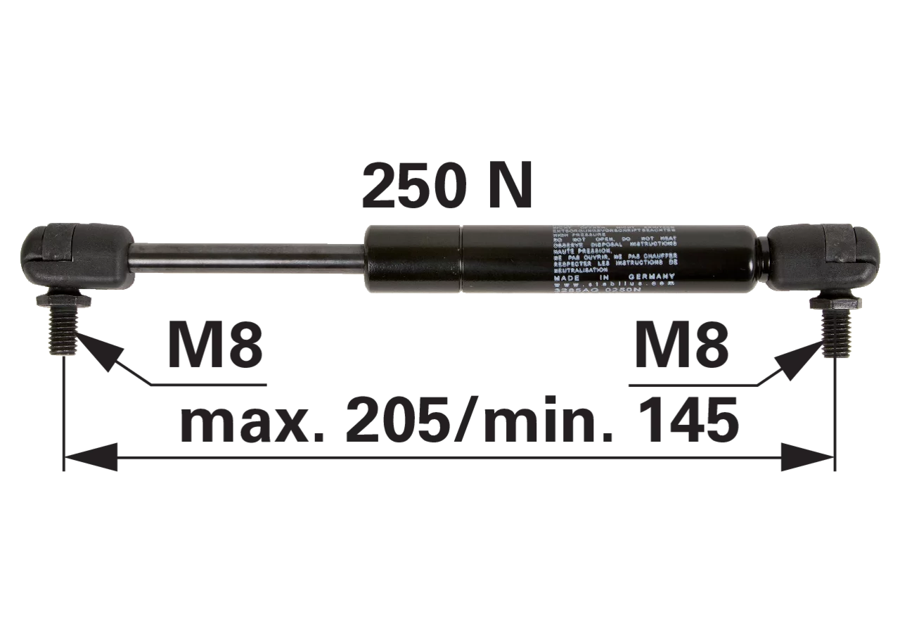 Stabilus Gasdruckfeder für Frontscheibe 250 N, Länge 205 mm, anstelle von Steyr 1-99-976-064 Stabilus