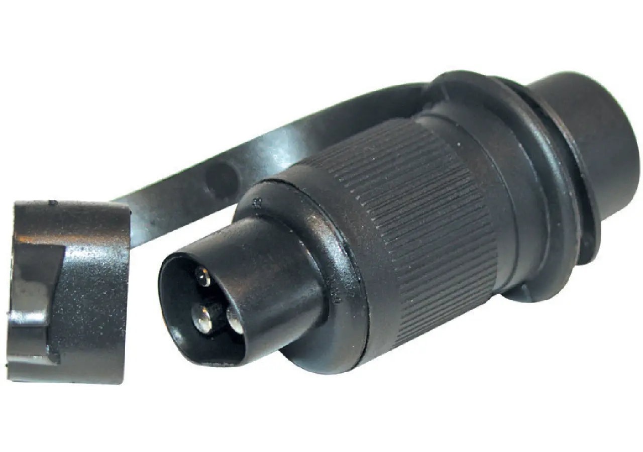 Stecker 3-polig Kunststoff DIN 9680 mit Flachsteckanschlüssen und Schutzkappe GartenShop24 - Hochwertige Gartengeräte