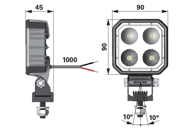 LED Rückfahrscheinwerfer 1000 lm, 90 x 90 mm, mit Schalter Carbonlux CEA