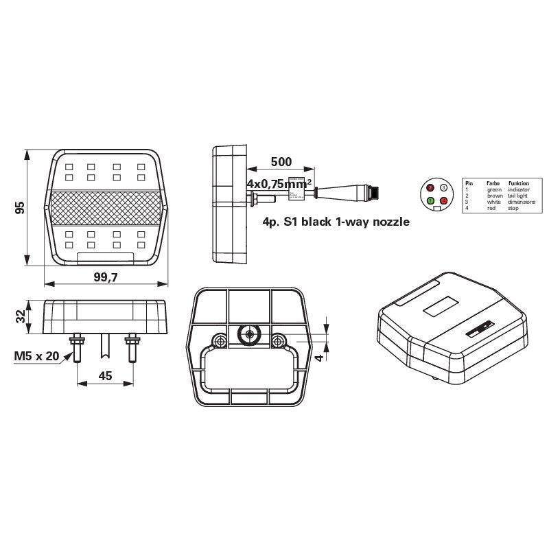 Sanube LED Rueckleuchte Blink- Brems- Schlussleuchte, ohne KZ Rom IV, S1 Buchse 3H3158-075 – mit integrierter Blinkerüberwachung