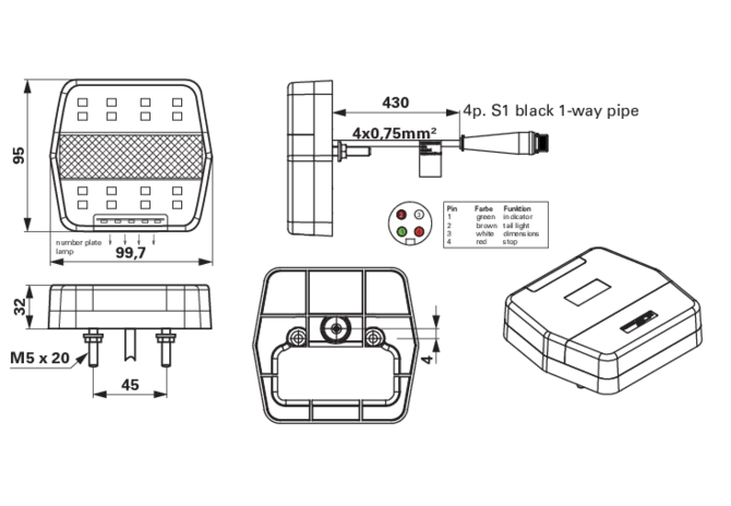 LED Rueckleuchte Blink- Brems- Schlussleuchte, mit KZ Rom IV, S1 Buchse Sanube