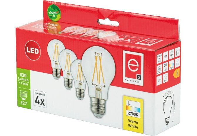LED Lampe 7,3W, 830lm, 2700k, 4-Stück E27 GartenShop24