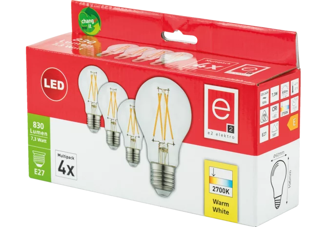 LED Lampe 7,3W, 830lm, 2700k, 4-Stück E27 GartenShop24