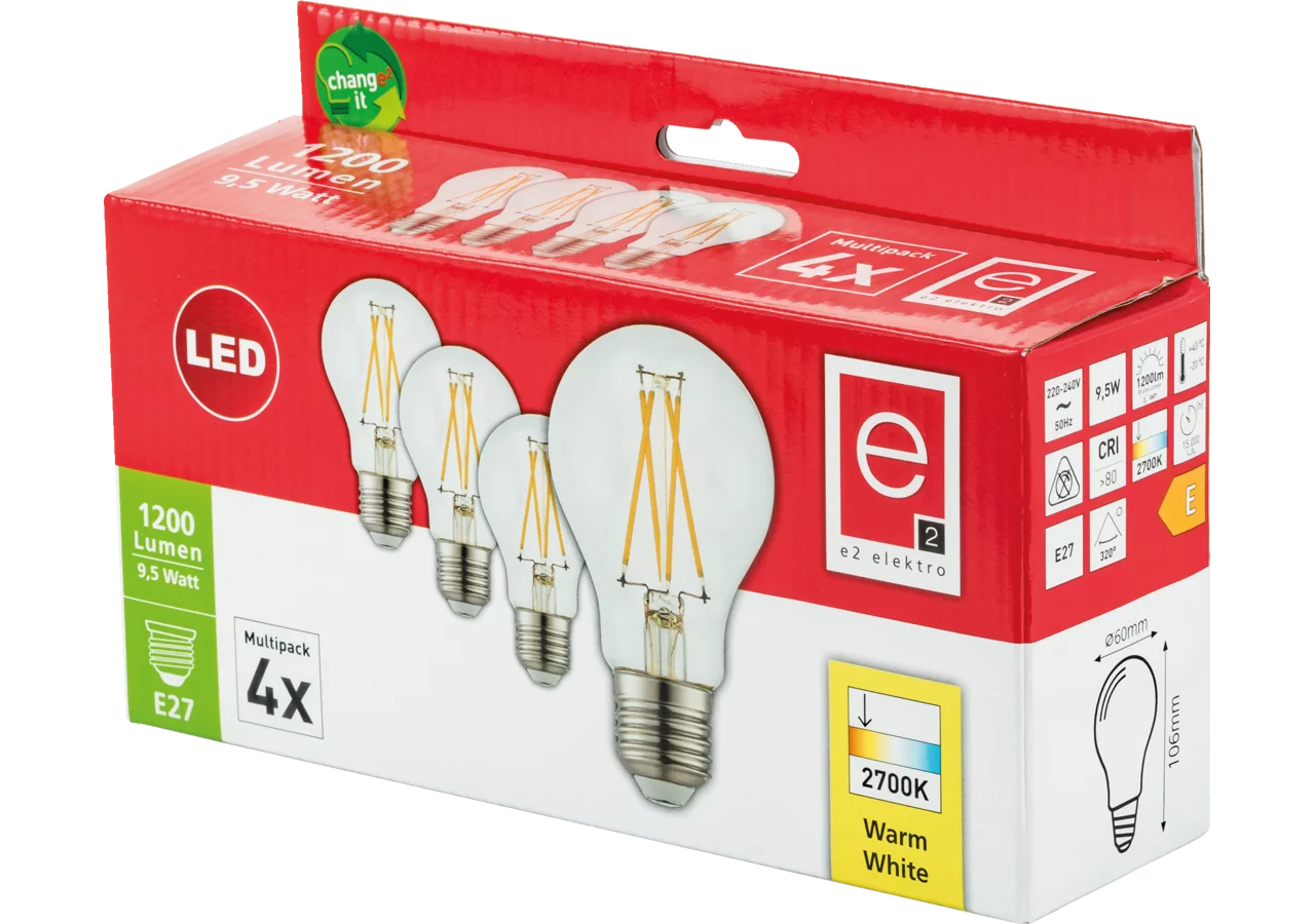 LED Lampe 9,5W, 1200lm, 2700k, 4-Stück E27 GartenShop24