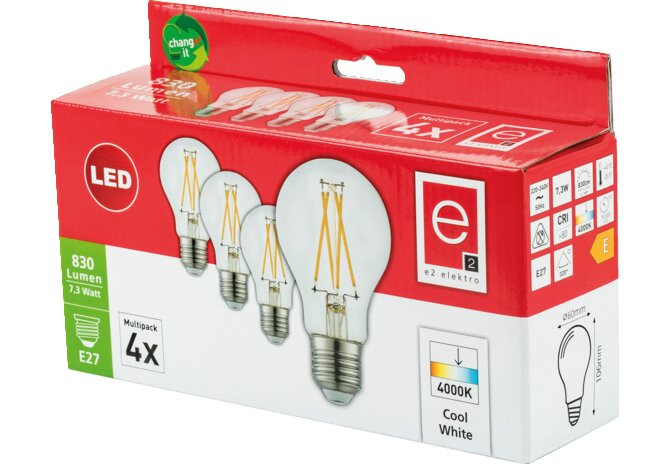 LED Lampe 7,3W, 830lm, 4000k, 4-Stück E27 GartenShop24
