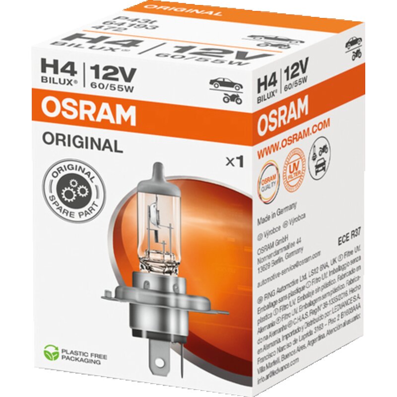 Osram Halogenlampe H4, 12 V, 60/55 W, P43t