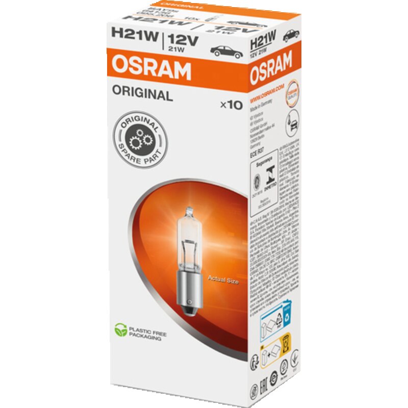 Osram Halogenlampe H21W, 12 V, 21 W, BAY9s, 10 Stück