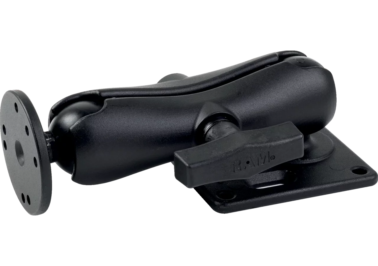 Aufbauset 2 x runde Basisplatte, C-Kugel, VESA-Platte mittlerer Verbindungsarm Dieses RAM Mounts Set besteht aus einer RAM® Mounts