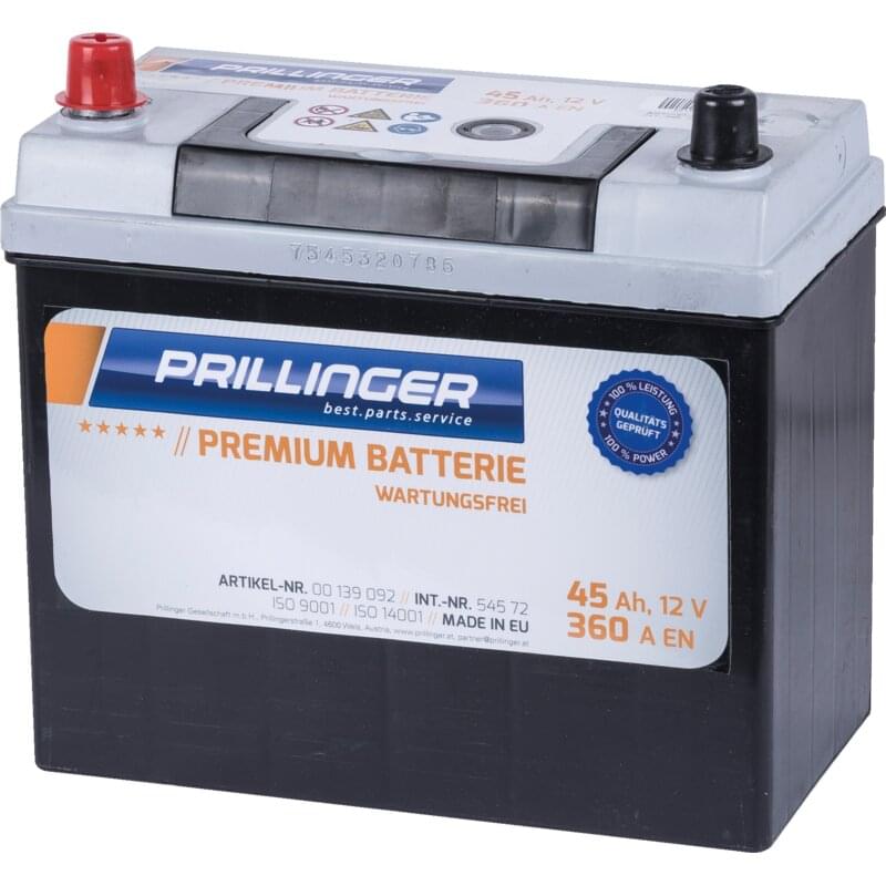 Prillinger Premium Batterie 12 V, 45 Ah, 360 A Premium, 54572 – Premium Eine Starterbatterien