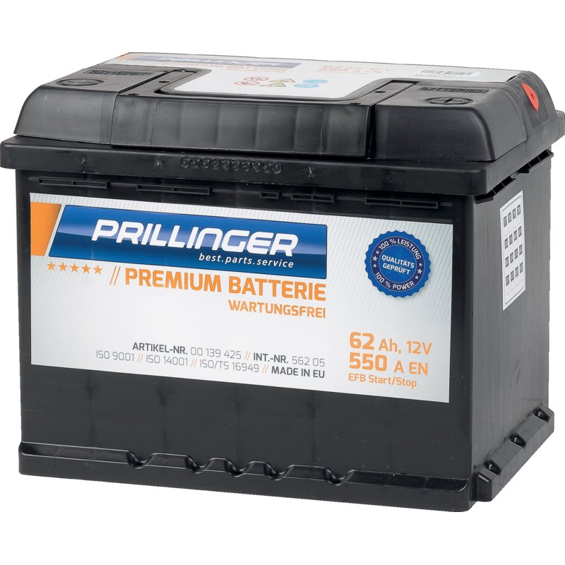 Prillinger Premium Batterie 12 V, 62 Ah, 550 A, Premium EFB Start/Stop, 56205