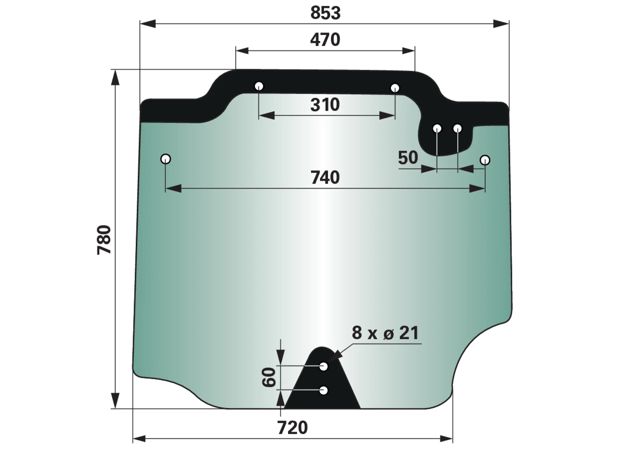 Heckscheibe grün getönt oben 470 mm anstelle von CNH 44911821 GartenShop24 - Hochwertige Gartengeräte