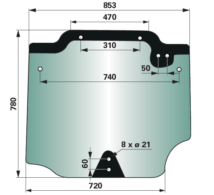 Heckscheibe grün getönt oben 470 mm anstelle von CNH 44911821 GartenShop24 - Hochwertige Gartengeräte