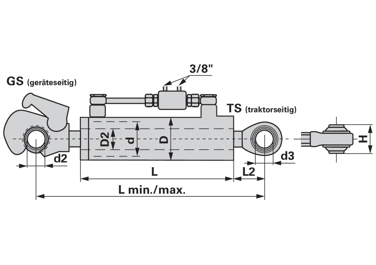 Oberlenker hydraulisch, Kat. 2, 580-820 mm, mit Haken und Kugelauge Premium Sperrblock oben Prillinger Premium