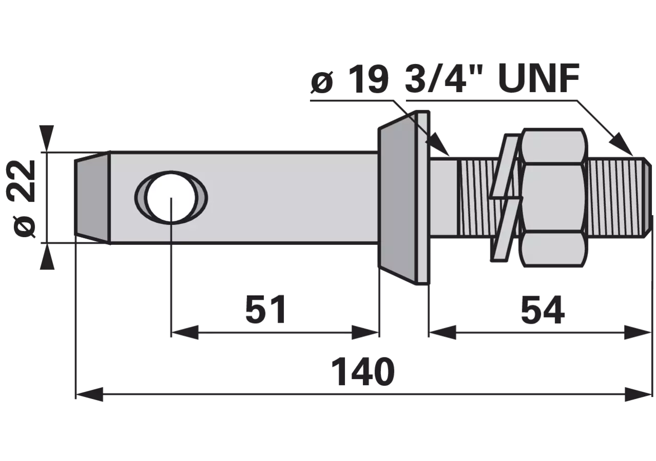 Unterlenkerbolzen Kat. 1, 3/4" UNF, 140 mm, mit Mutter GartenShop24 - Hochwertige Gartengeräte