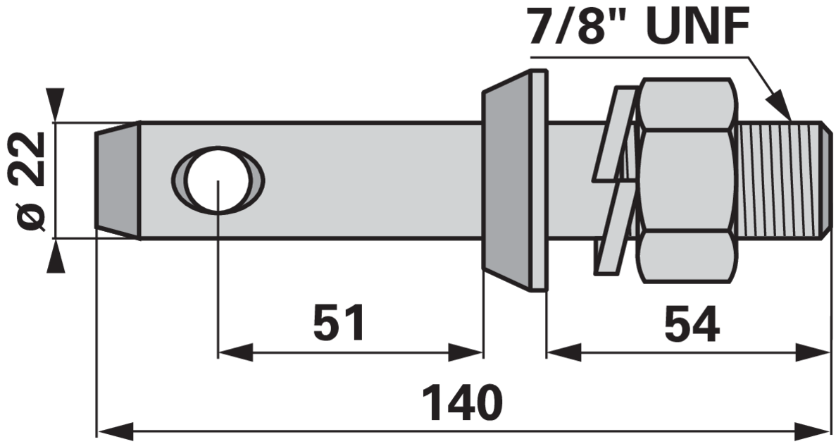 Unterlenkerbolzen Kat. 1, 7/8" UNF, 140 mm, mit Mutter GartenShop24 - Hochwertige Gartengeräte