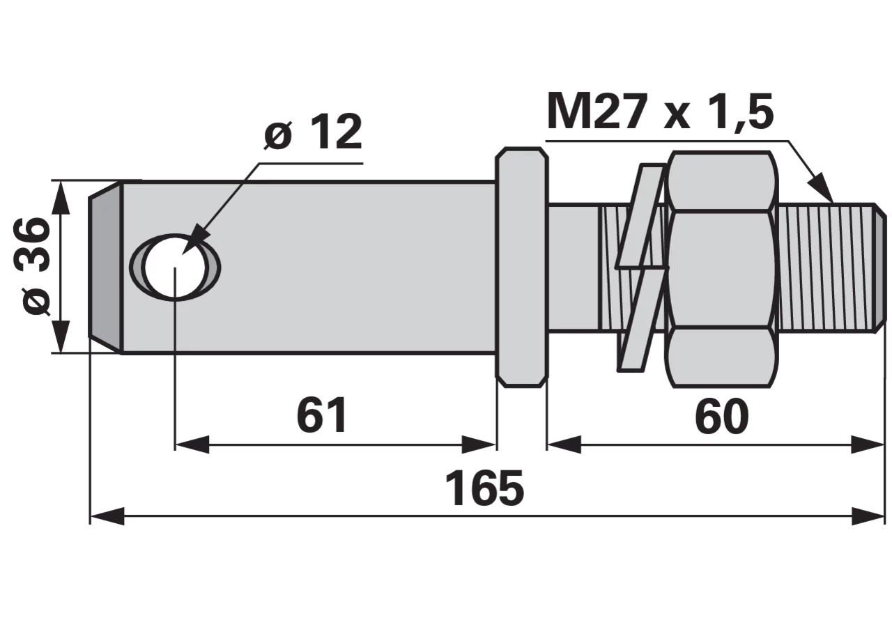 Unterlenkerbolzen Kat. 3, M27x1,5, Länge 165 mm, mit Mutter GartenShop24 - Hochwertige Gartengeräte