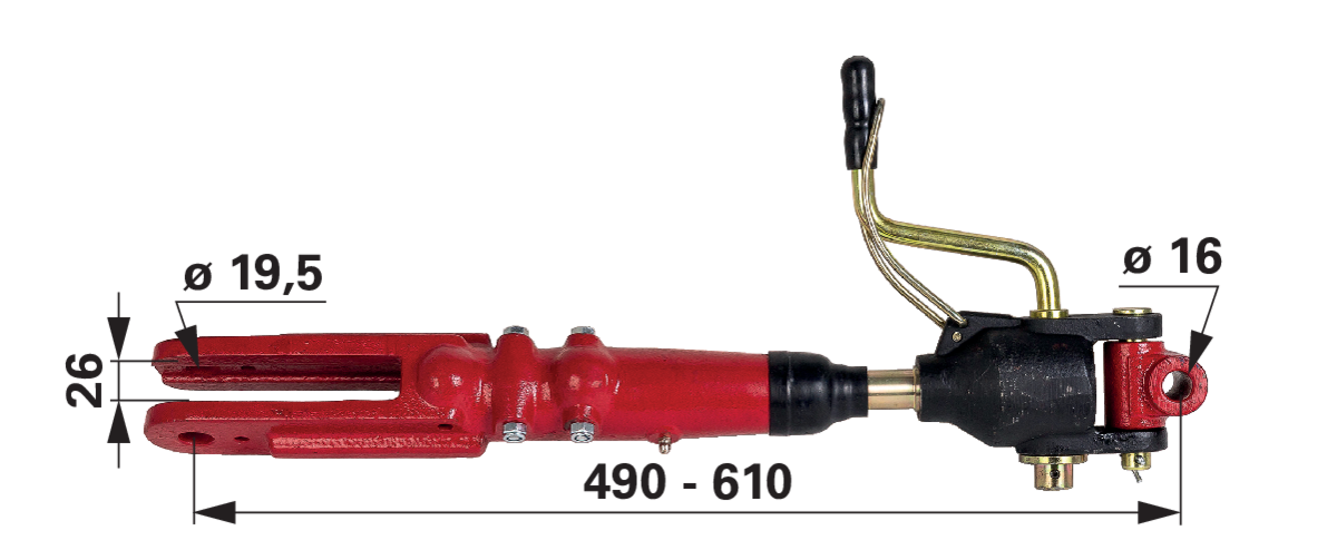 Hubstrebe Gabel 3/4 Zoll, Gelenk 16 mm, Länge 490–610 mm passend zu Case GartenShop24 - Hochwertige Gartengeräte