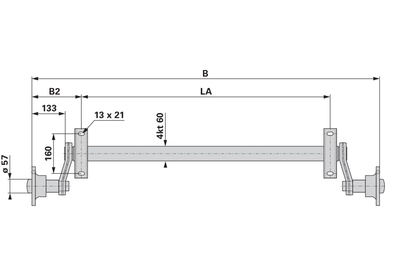 Laufachse 60 x 60 x 1.450 mm Knott Anzahl der Befestigungslöcher 4 Knott