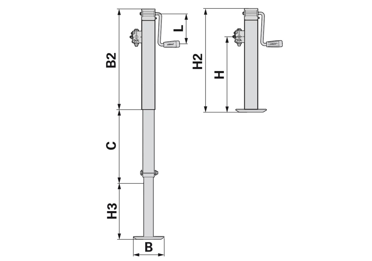 Abstellstütze mit seitlicher Kurbel, 70 x 70 mm, Schnellgang, mit Buchse Stützlast 3.270 kg Maß C ist 375 mm Simol