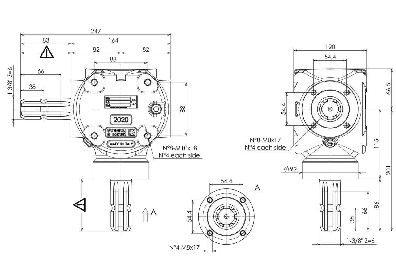 Winkelgetriebe 2020, 1:1, 1 3/8-6 Bondioli & Pavesi