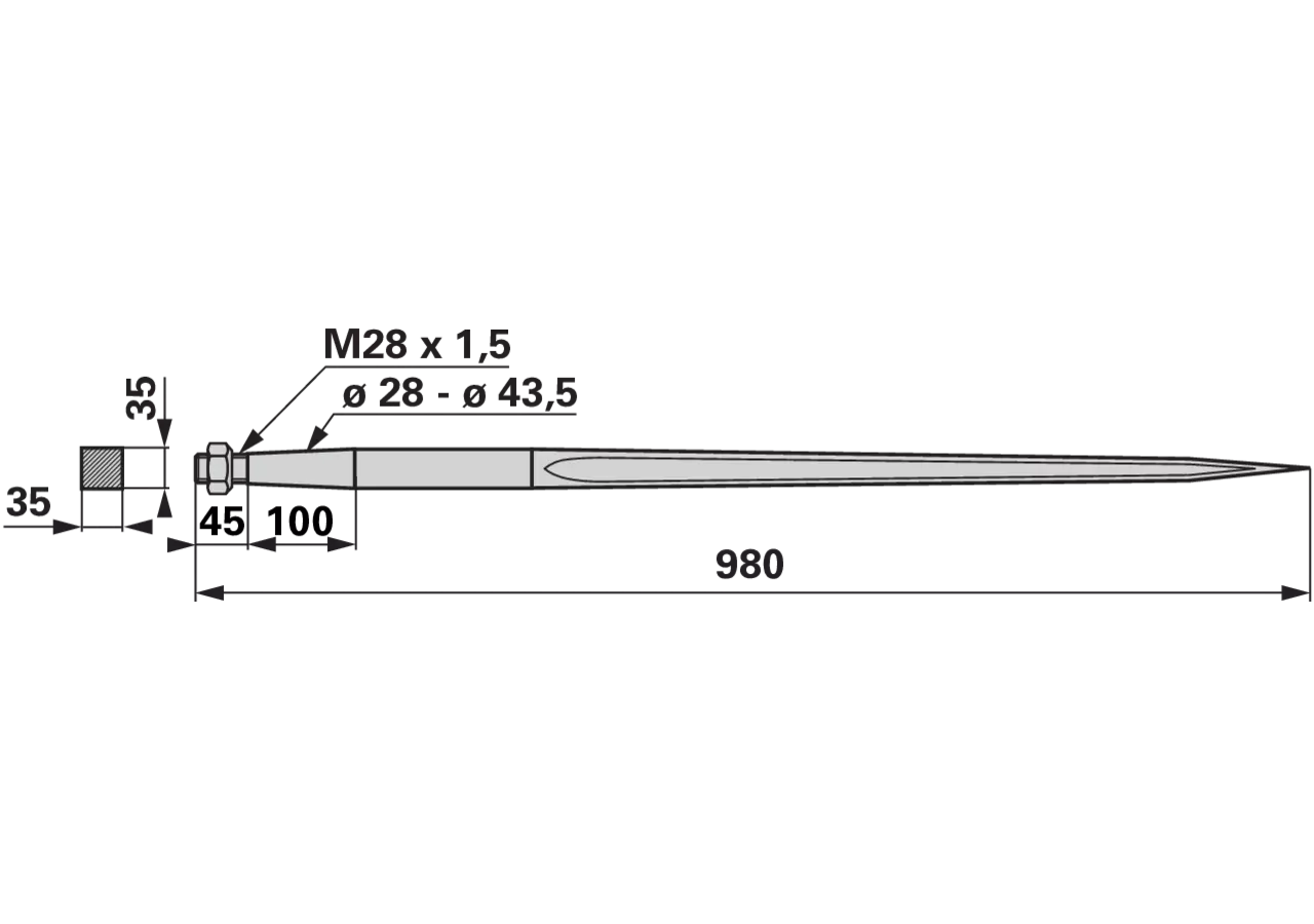 Frontladerzinke M28 x 1,5, 980 mm SHW