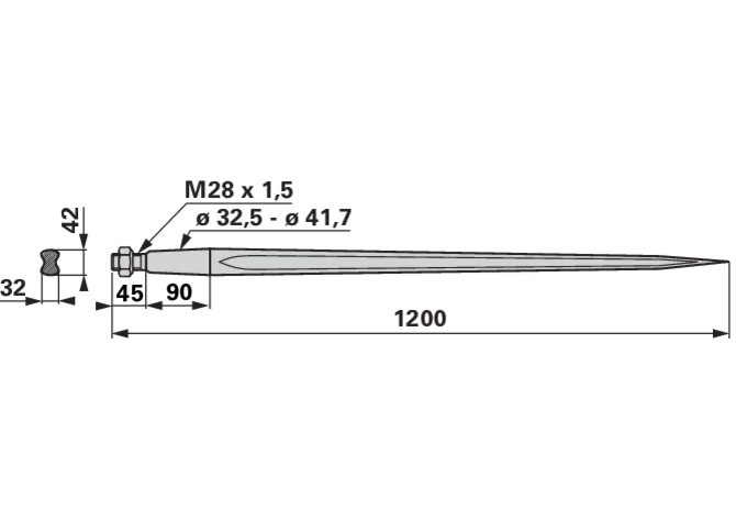 Frontladerzinke M28 x 1,5, 1.200 mm bpt
