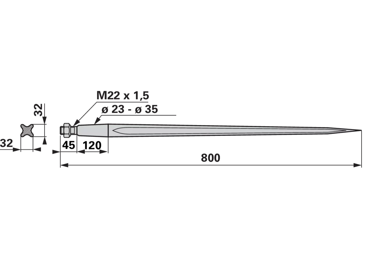 Frontladerzinke M22 x 1,5, 800 mm passend zu Hydrac bpt