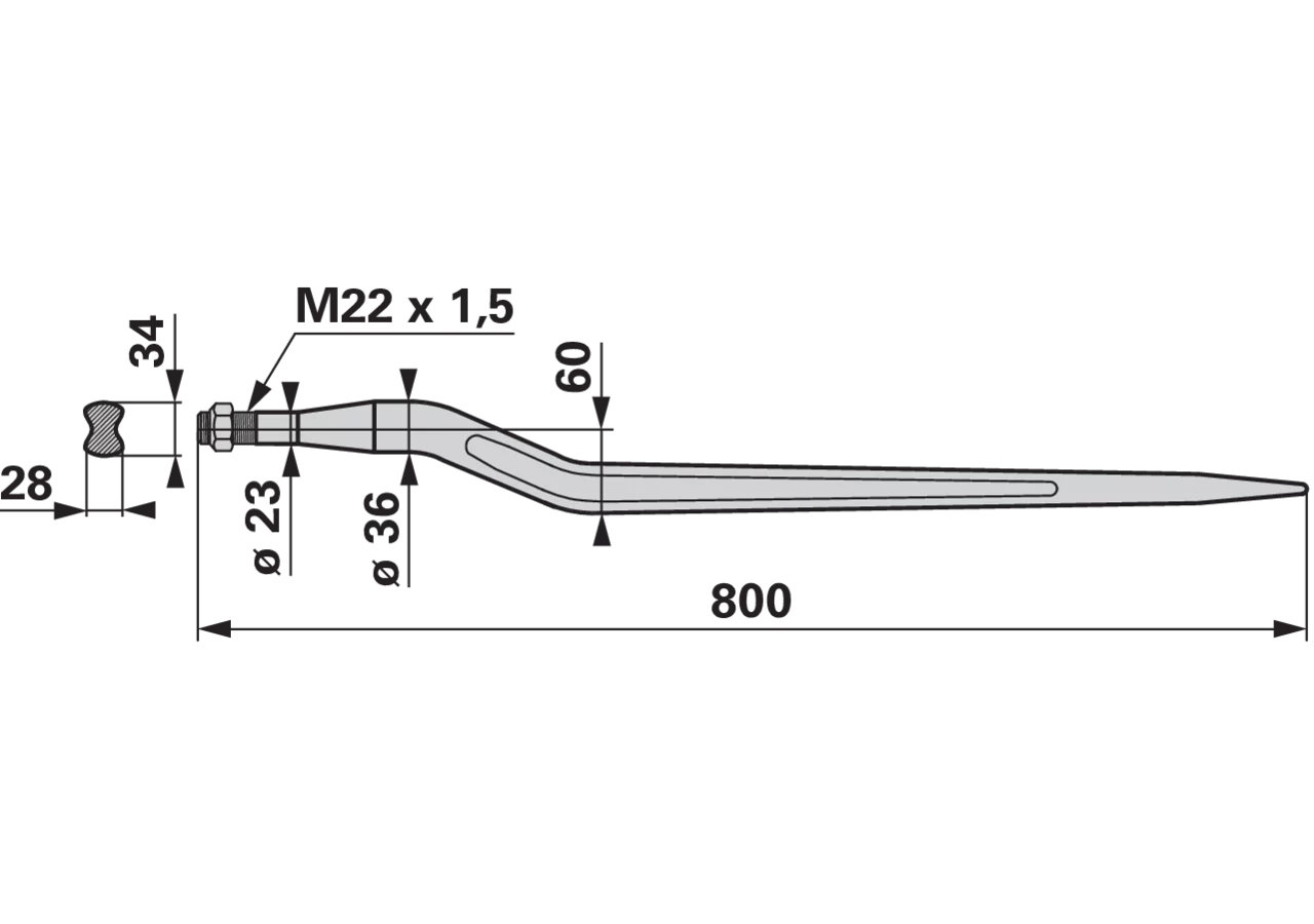 Zinke gebogen, M22 x 1,5, 800 mm bpt