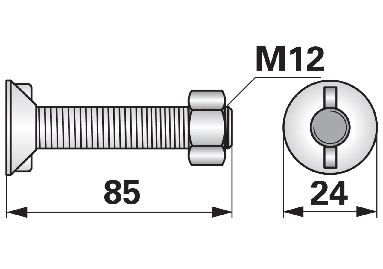 Pflugschraube 2-Nasen, M12 x 85 mm, Güte 10.9, 10 Stück mit Mutter GartenShop24